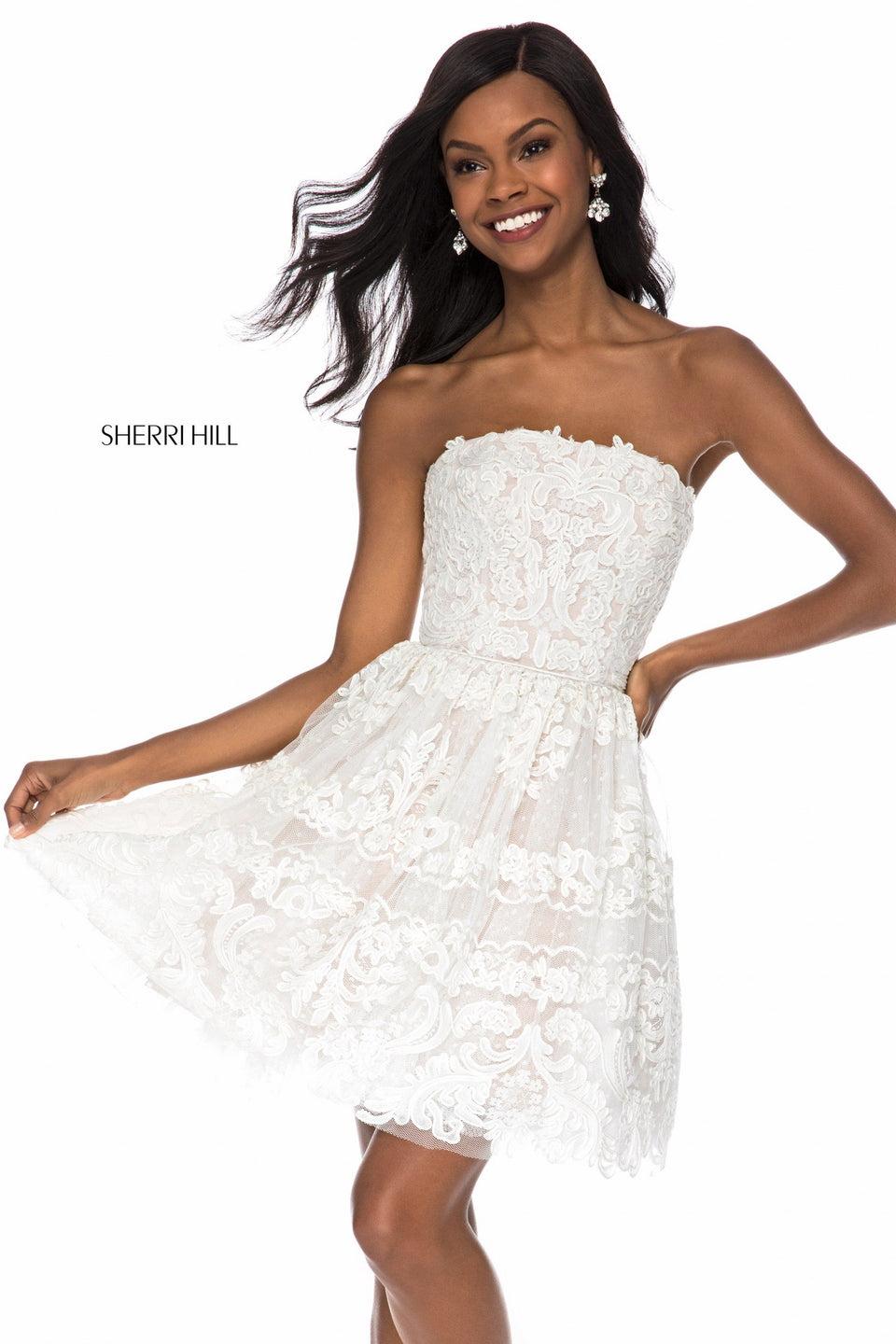 sherri hill Lace appliqued strapless cocktail