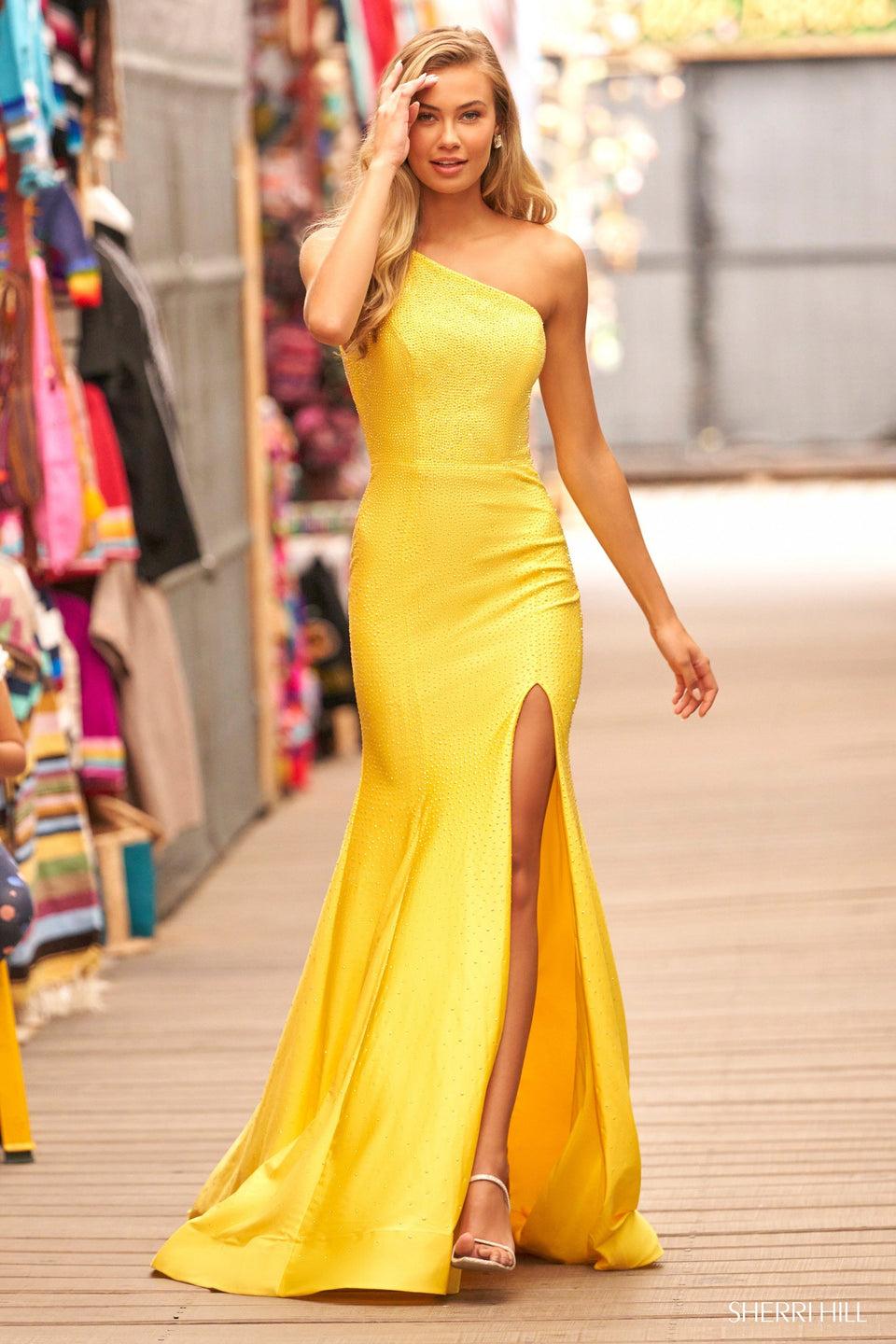 Sherri Hill One Shoulder Hot Fix Gown With Slit