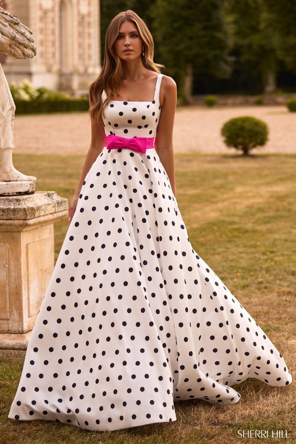 sherri hill Polka dot A-line gown with bow belt sherri hill Polka dot A-line gown with bow belt