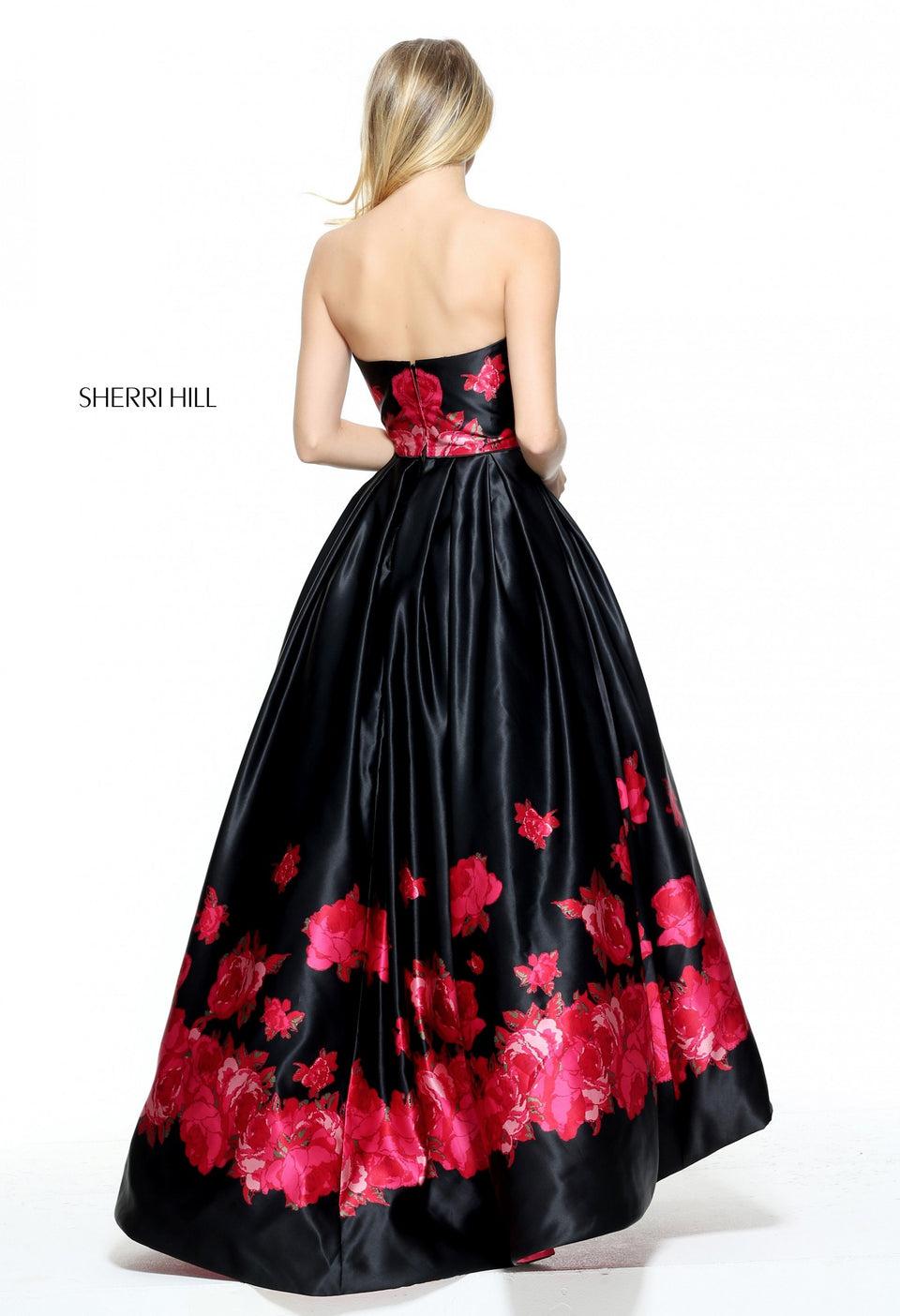 Sherri Hill Satin Floral Print Audrey Length Gown