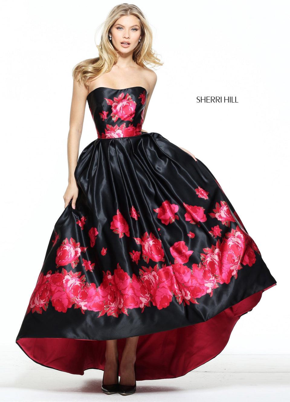 sherri hill Satin floral print Audrey length gown