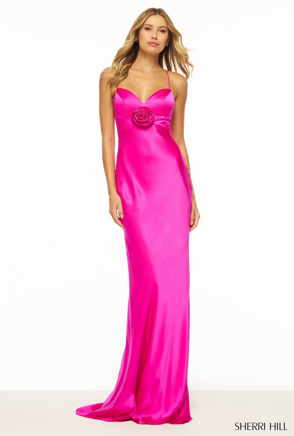 sherri hill Silk gown with a rosette on neckline sherri hill Silk gown with a rosette on neckline