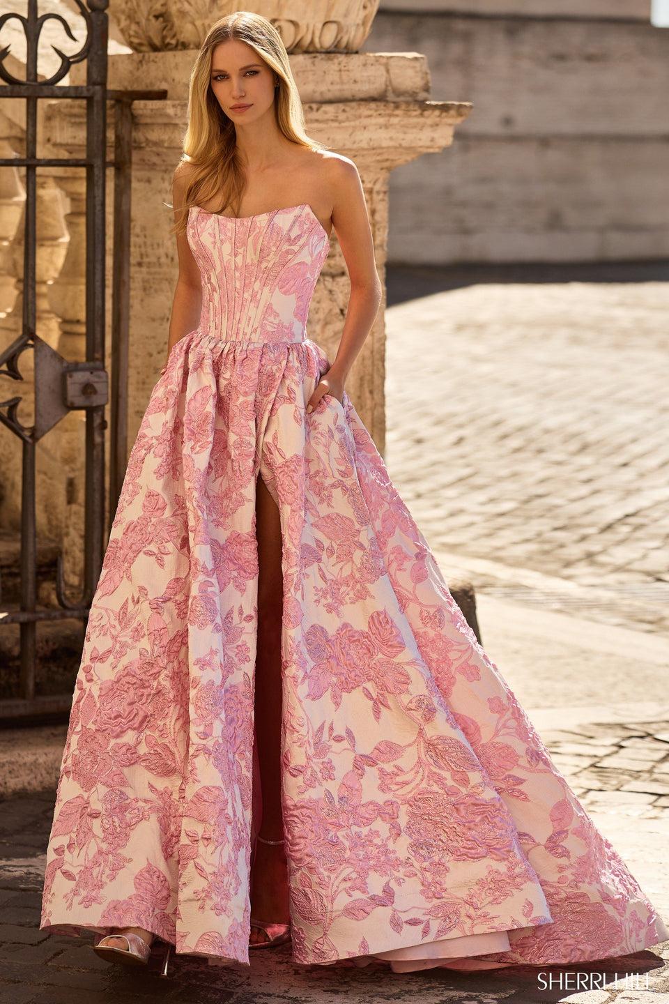 Sherri Hill Strapless Brocade Gown With Skirt Slit
