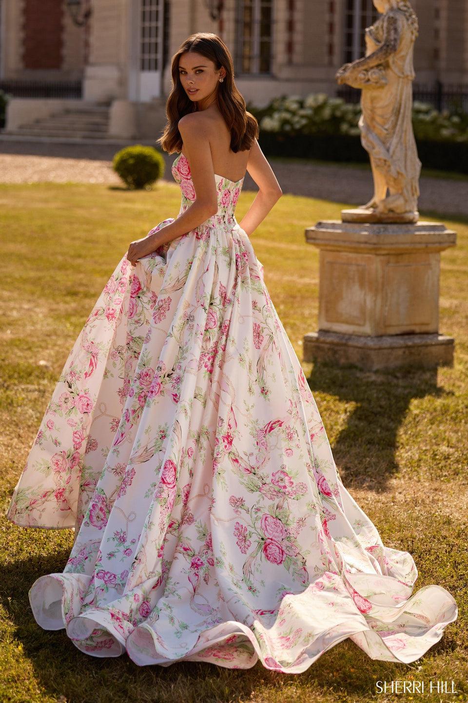Sherri Hill Strapless Floral Gown With Bow On Hip