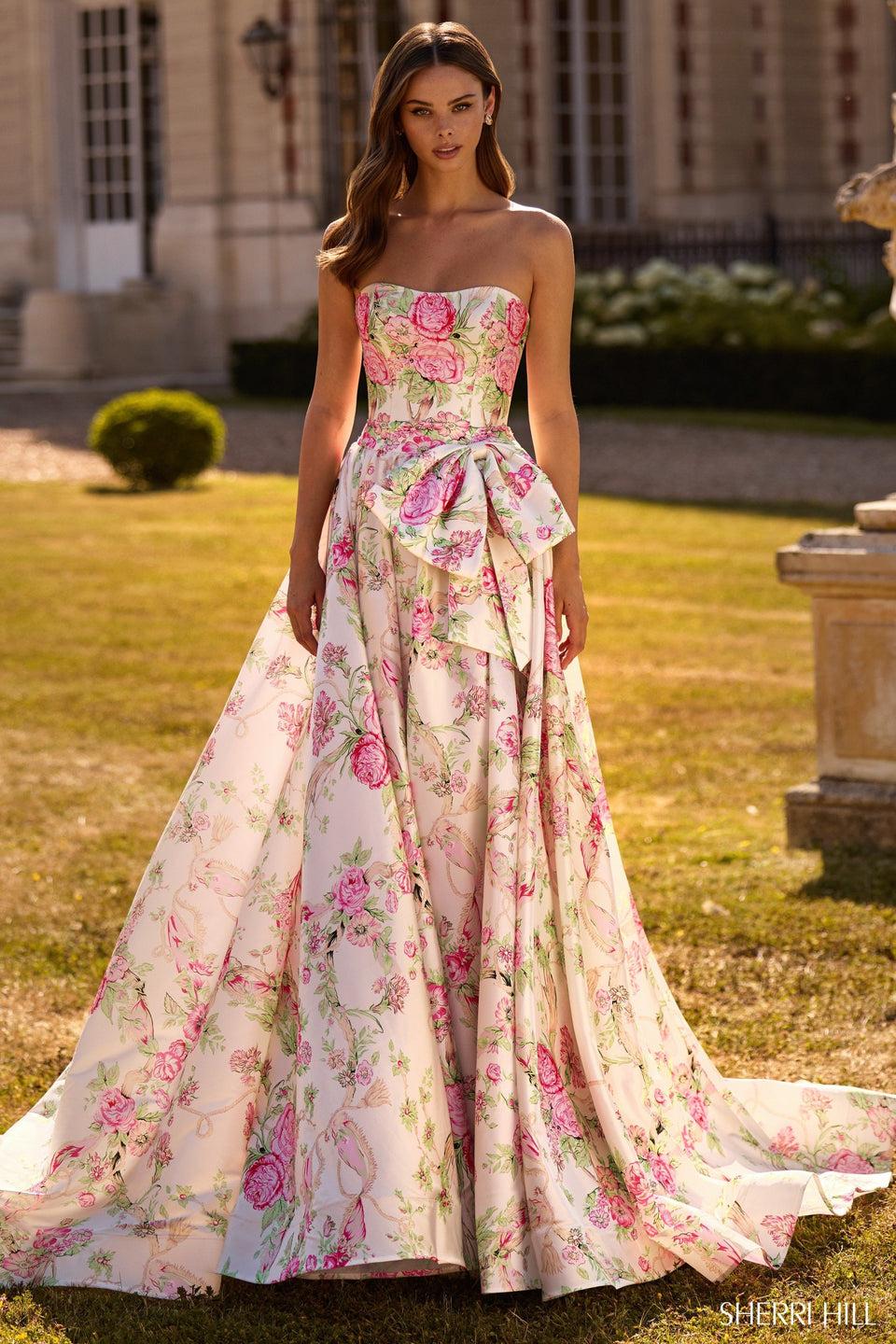 Sherri Hill Strapless Floral Gown With Bow On Hip