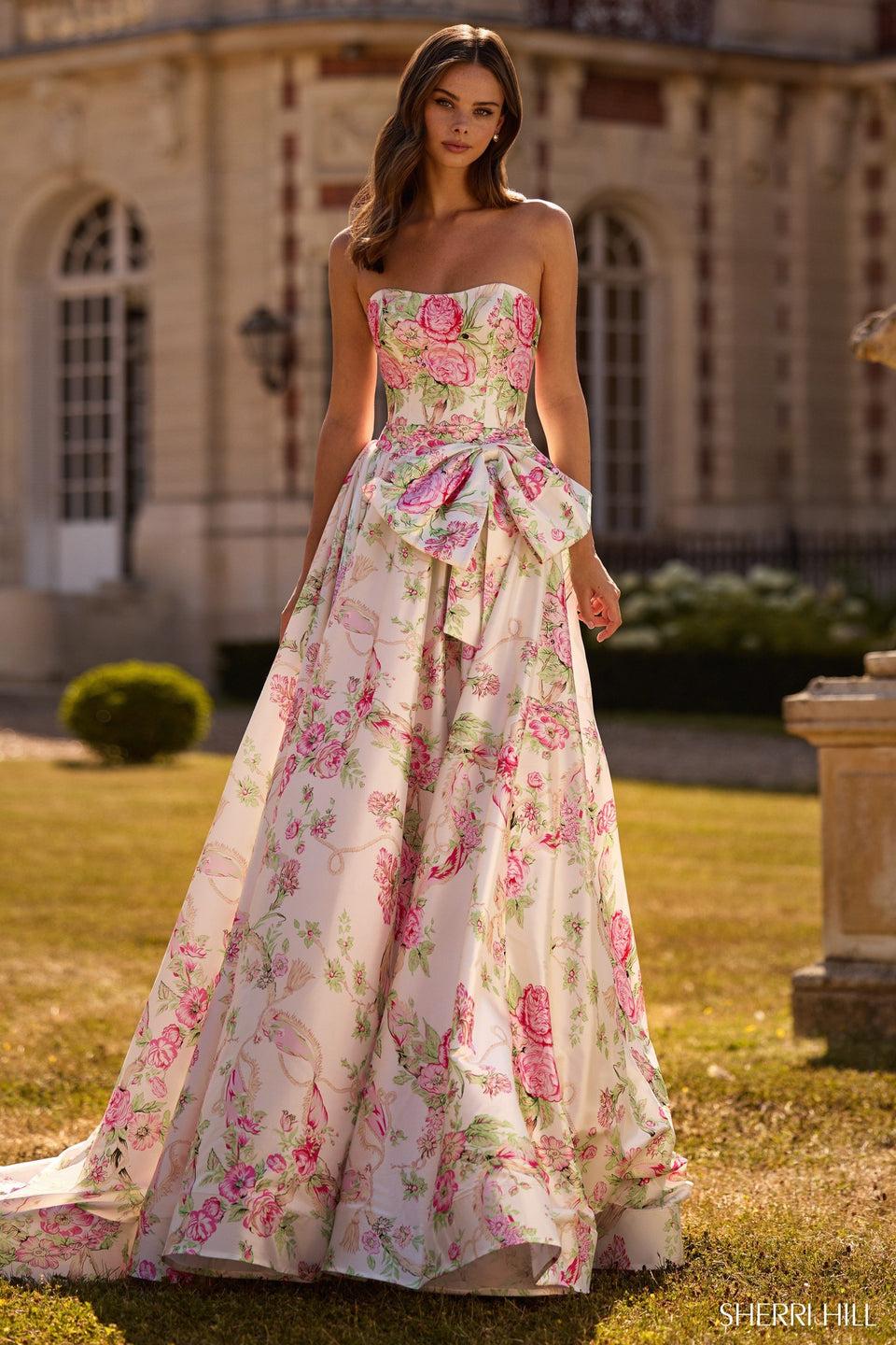 sherri hill Strapless floral gown with bow on hip