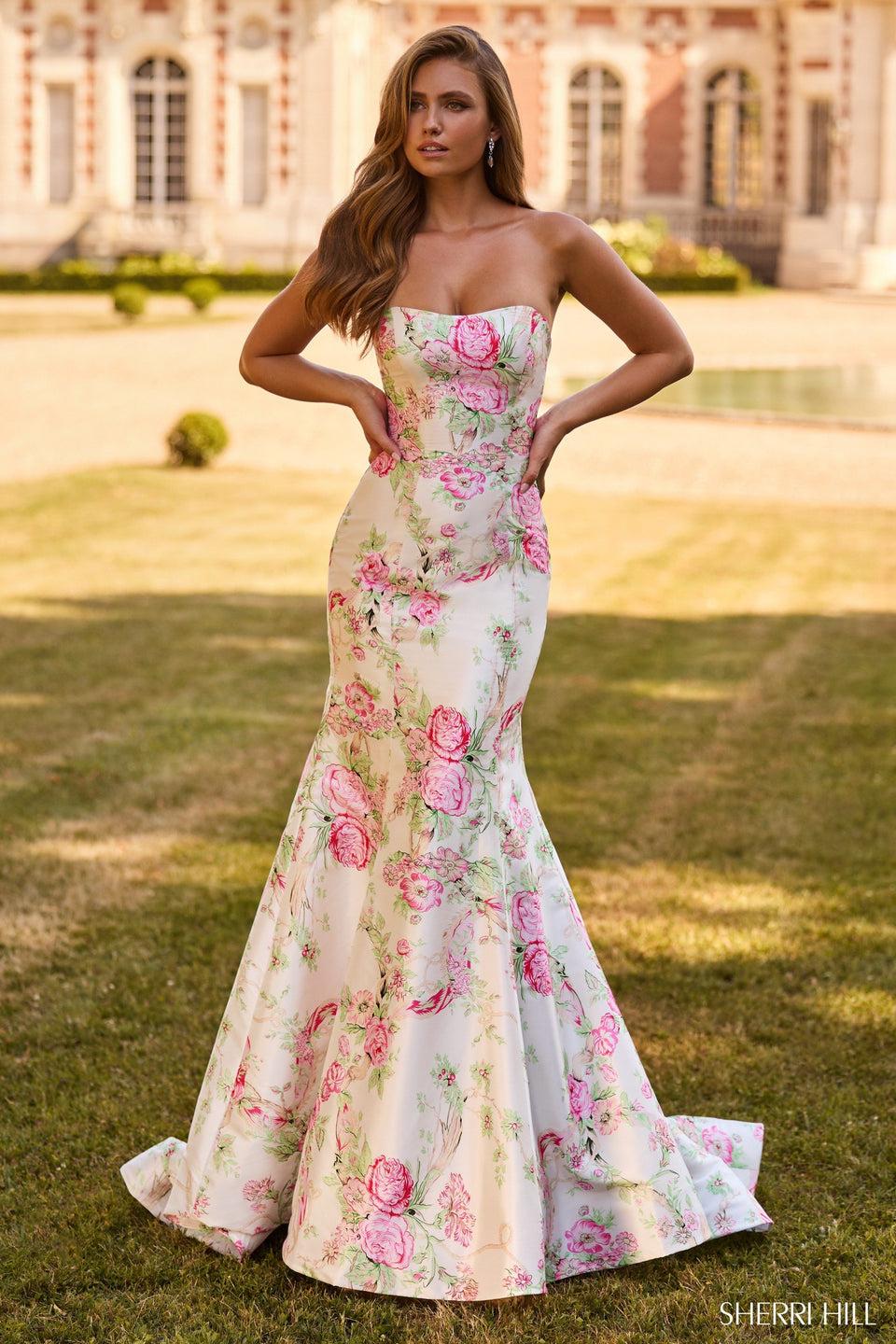 sherri hill Strapless floral gown