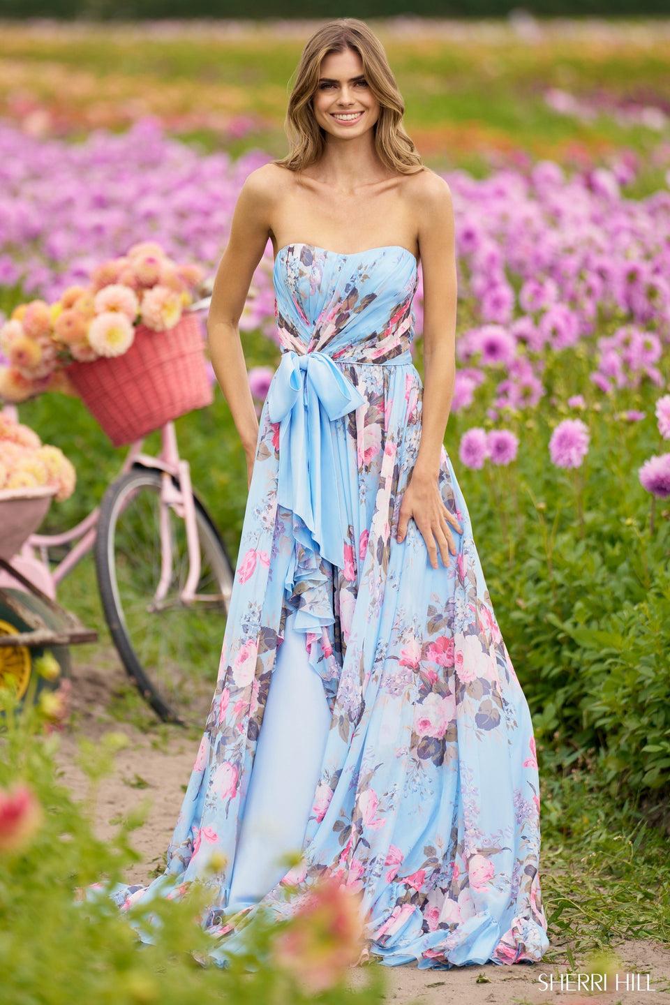 Sherri Hill Strapless Floral Print A-line Gown