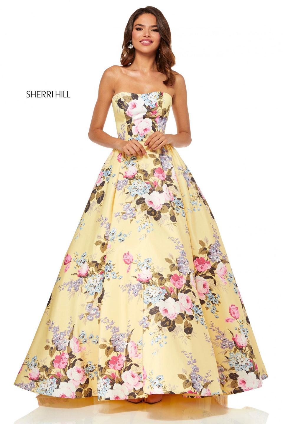Sherri Hill Strapless Floral Print Ball Gown