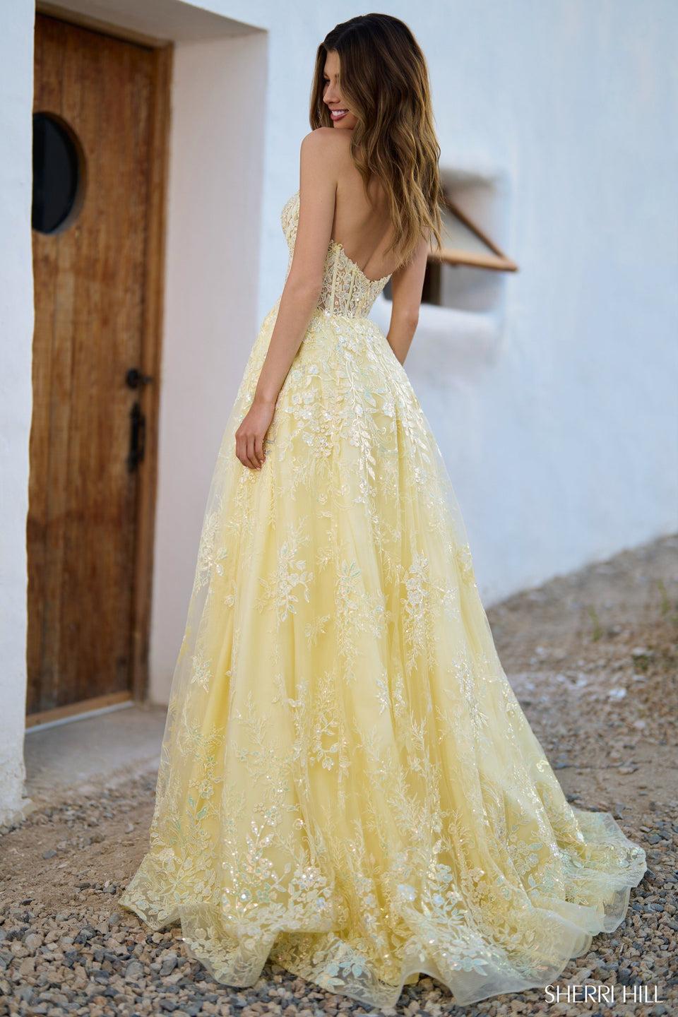 Sherri Hill Strapless Lace Gown With Skirt Slit