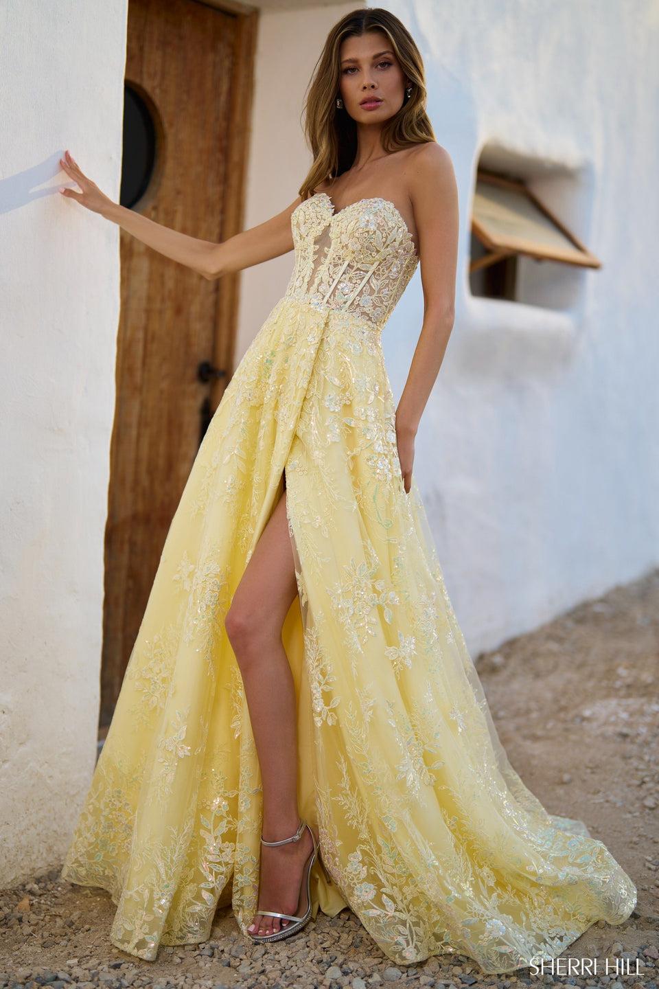 sherri hill Strapless lace gown with skirt slit