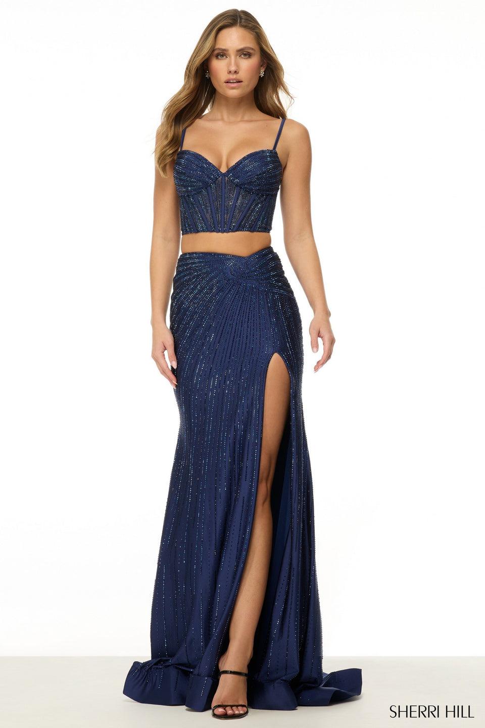Sherri Hill Two Piece Hot Fix Gown With High Slit