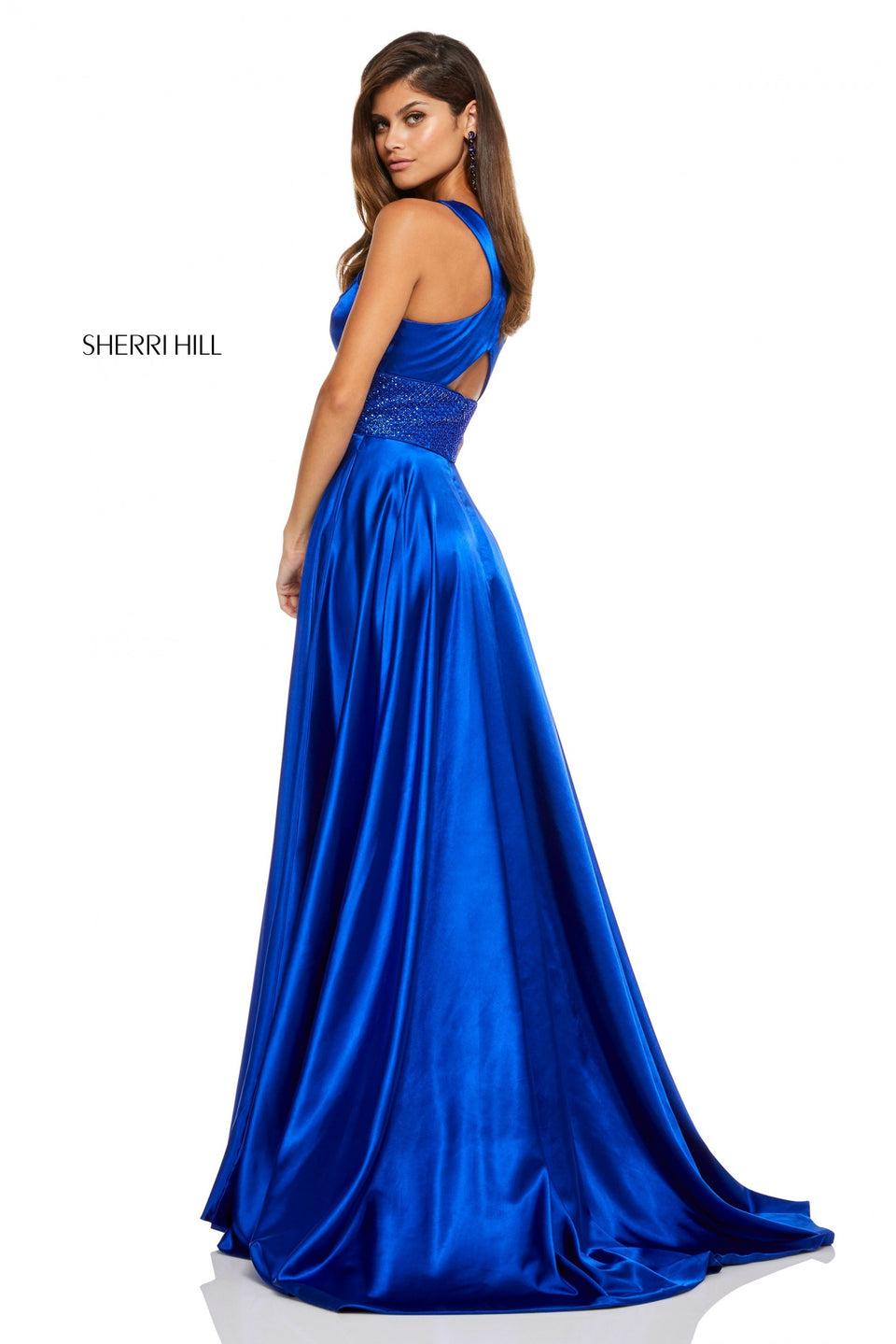 Sherri Hill Silk Charmeuse Gown With A Criss Cross Halter And Beaded Waist Band