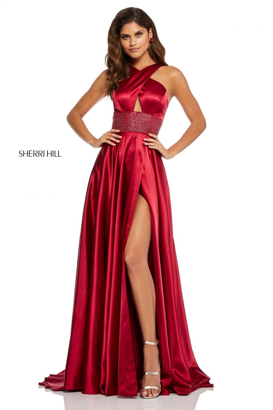 Sherri Hill Silk Charmeuse Gown With A Criss Cross Halter And Beaded Waist Band