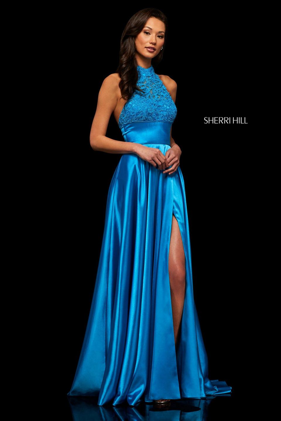 sherri hill Silk charmeuse gown with a high neck lace bodice and a slit in the skirt