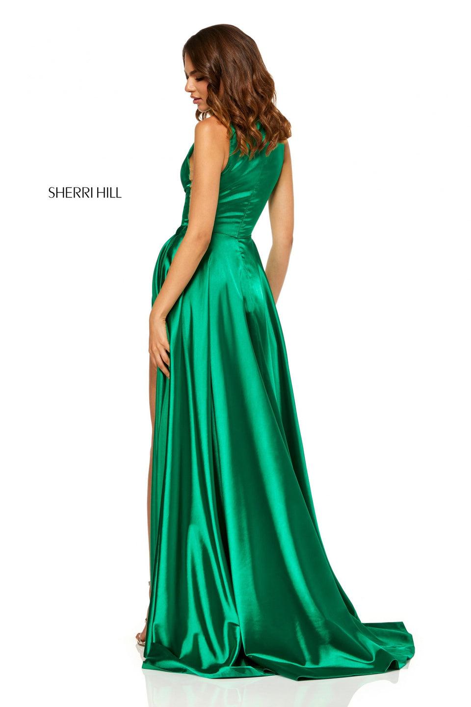 Sherri Hill Silk Charmeuse Gown With High Neck And Slit Skirt