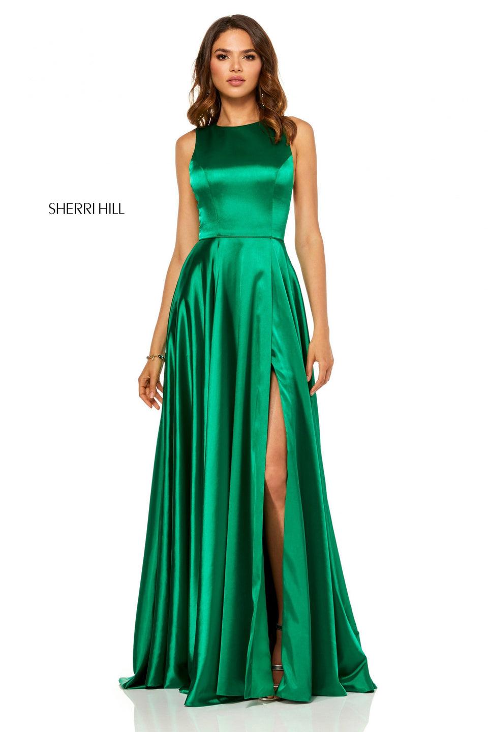 Sherri Hill Silk Charmeuse Gown With High Neck And Slit Skirt