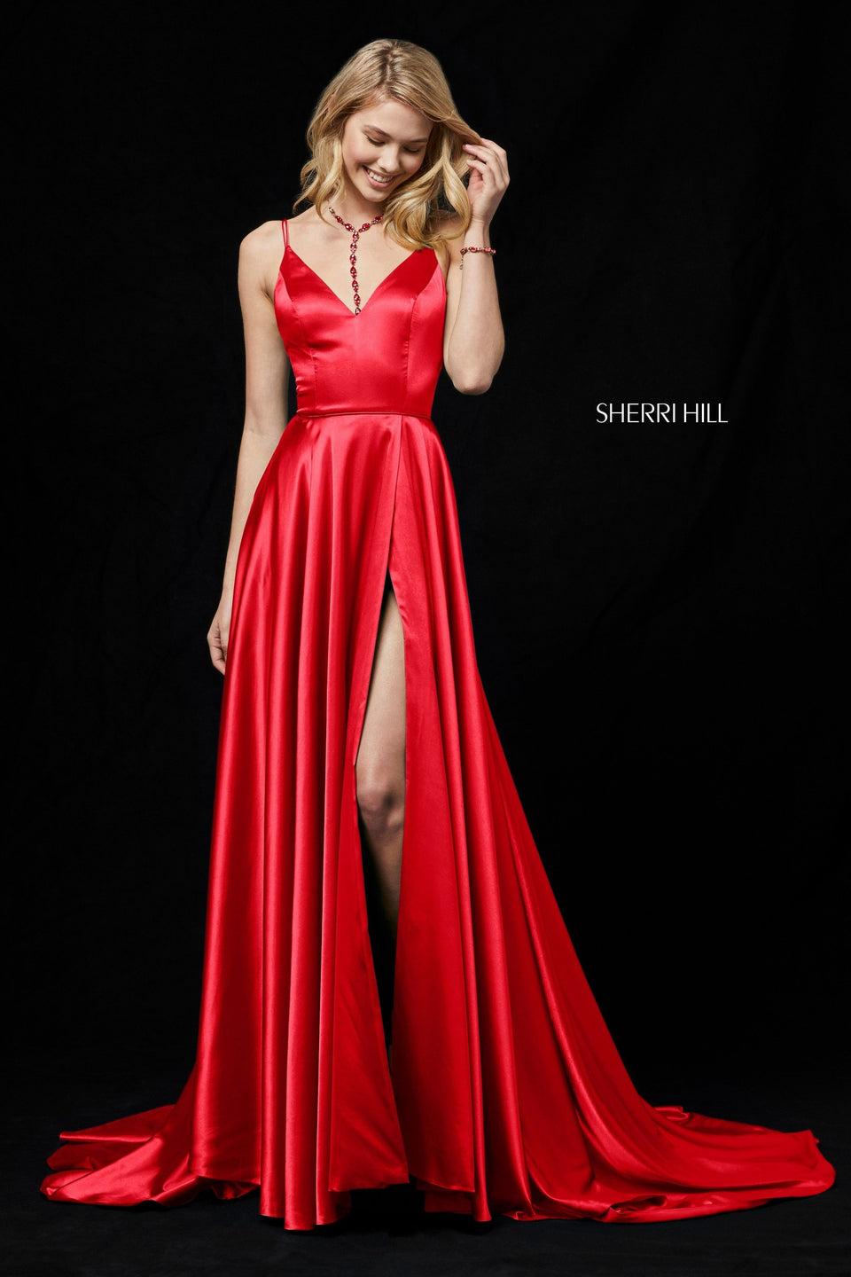 Sherri Hill Silk Charmeuse Gown With V-neck Bodice And Slit Skirt