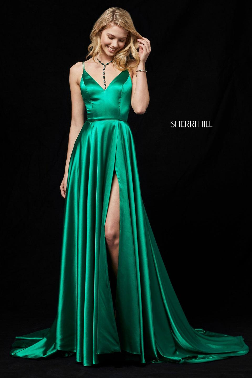 Sherri Hill Silk Charmeuse Gown With V-neck Bodice And Slit Skirt