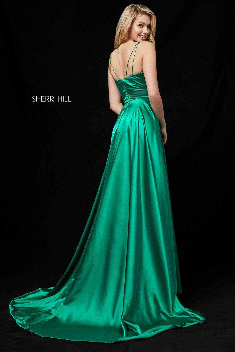 Sherri Hill Silk Charmeuse Gown With V-neck Bodice And Slit Skirt