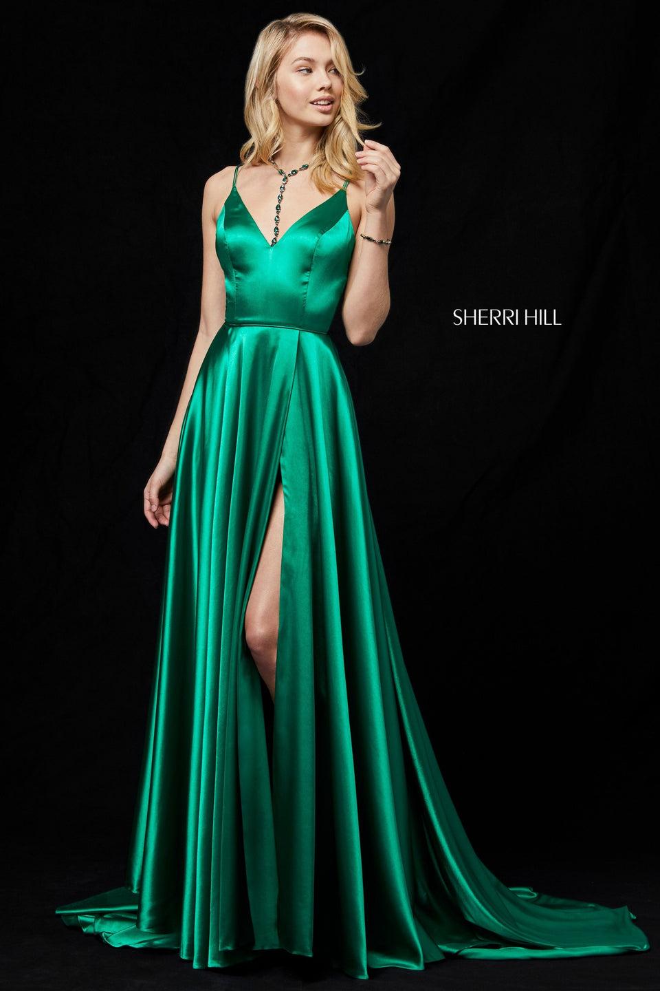 sherri hill Silk charmeuse gown with V-neck bodice and slit skirt