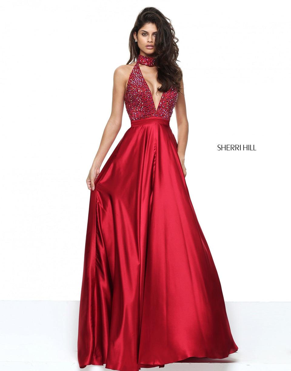 Sherri Hill Silk Charmeuse Halter With A Beaded Choker Bodice