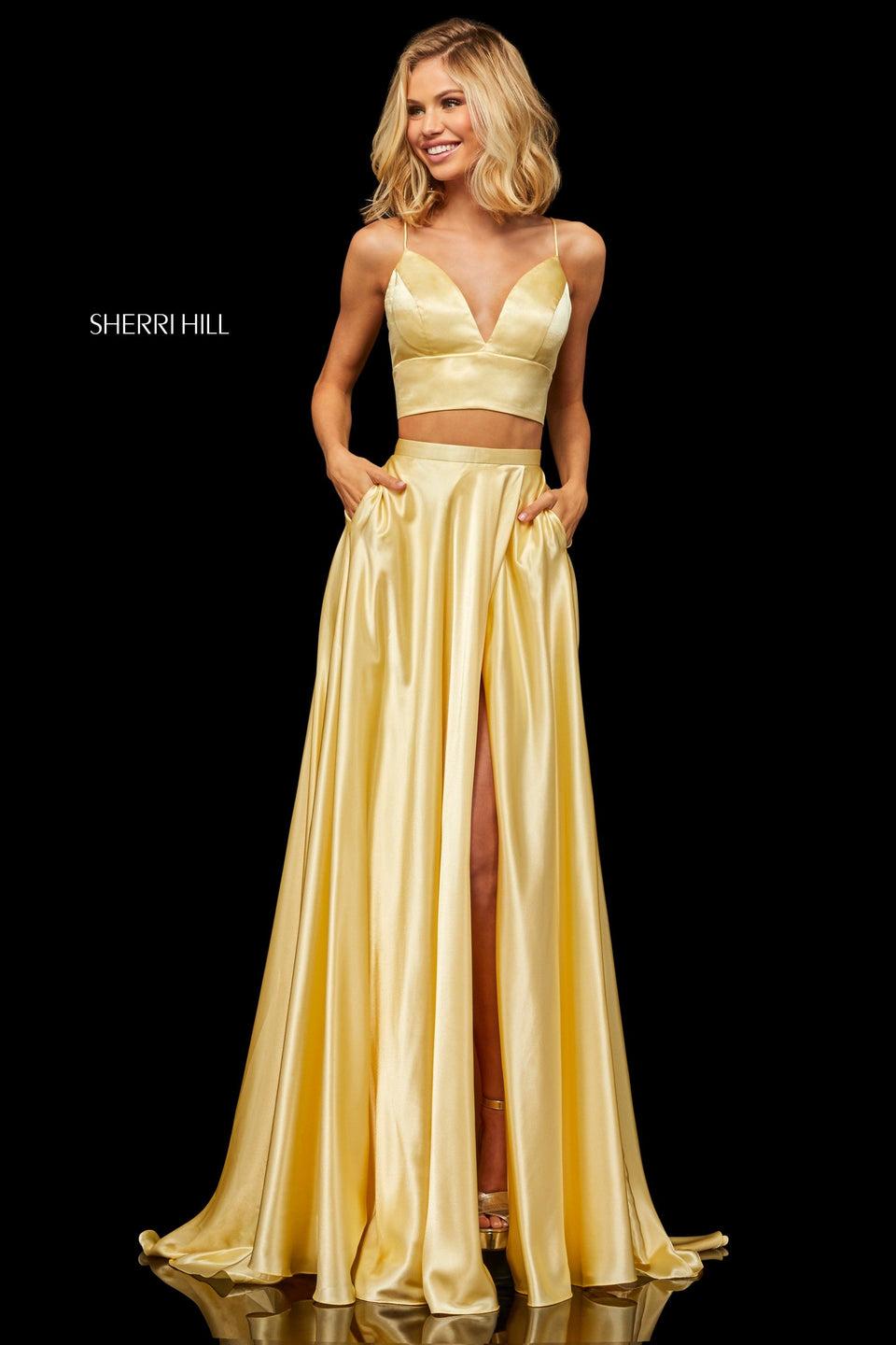 sherri hill Silk charmeuse two-piece with a V-neck bodice that ties in the back