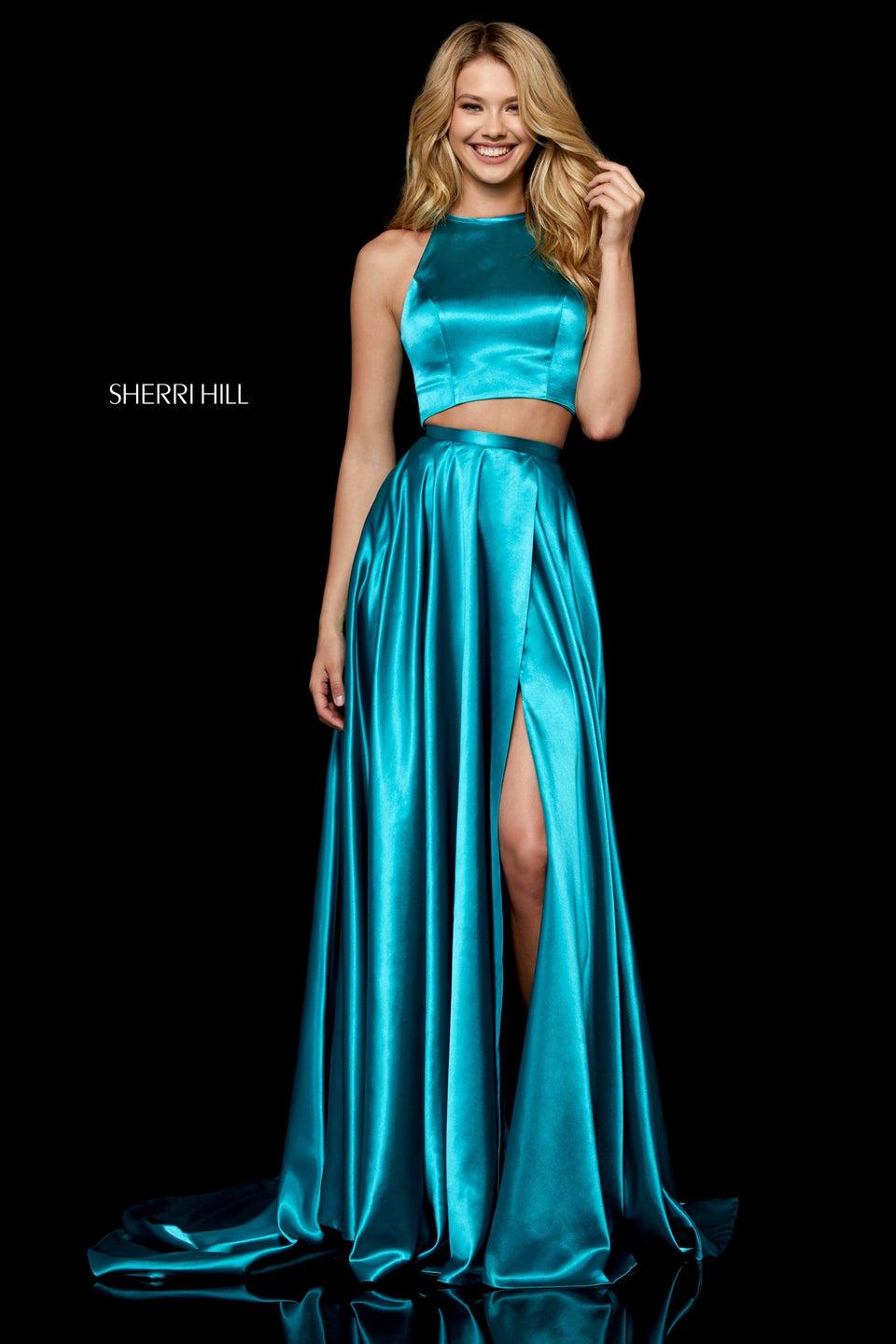 Sherri Hill Silk Charmeuse Two-piece With High Neck Bodice And Slit Skirt