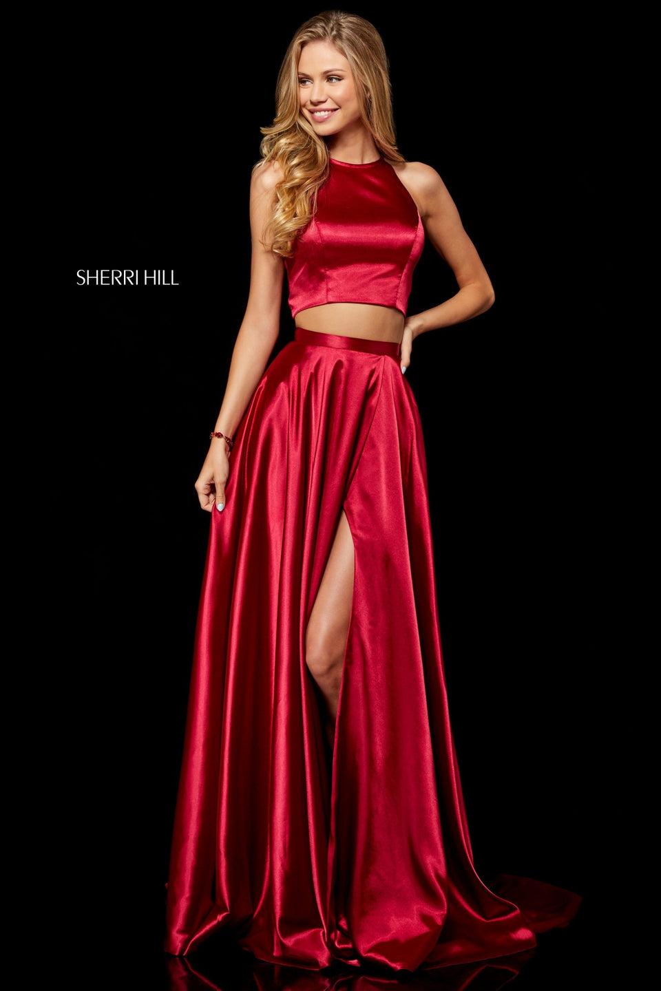 sherri hill Silk charmeuse two-piece with high neck bodice and slit skirt