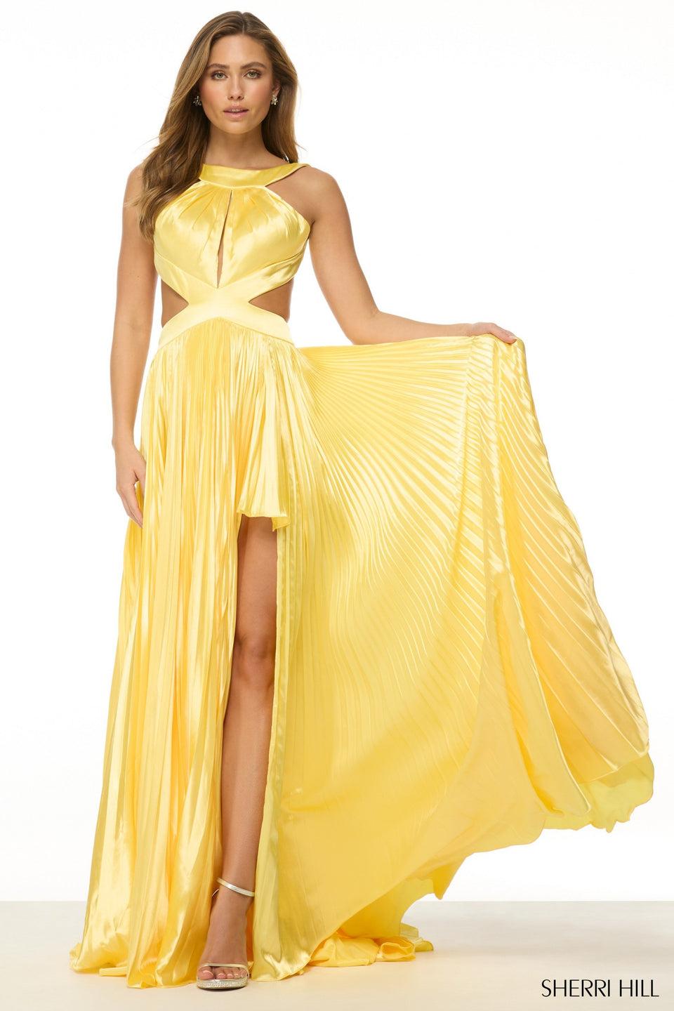 Sherri Hill Silk Halter Gown With Keyhole Side Cuts Open Back And A Skirt Slit