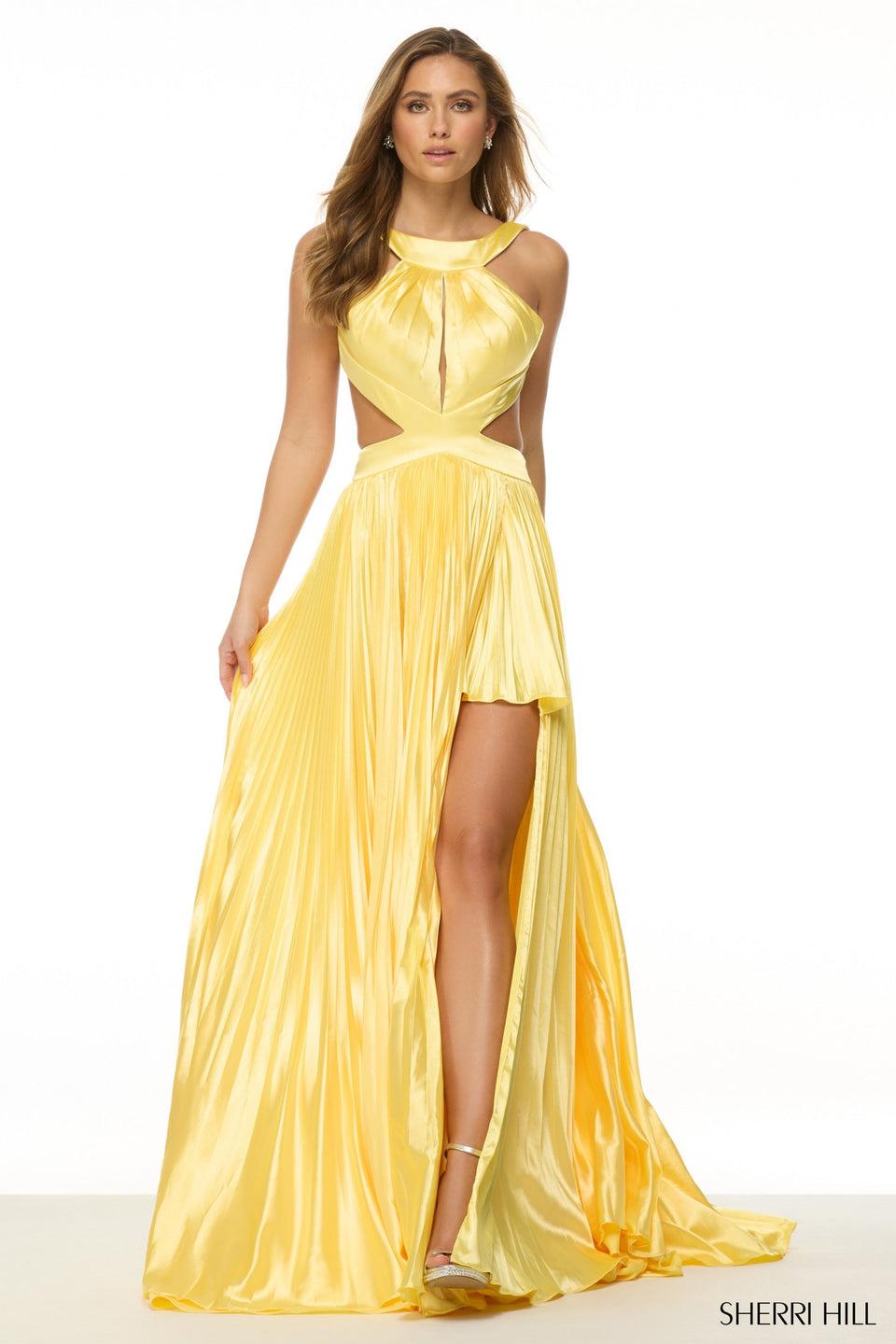 sherri hill Silk halter gown with keyhole side cuts open back and a skirt slit