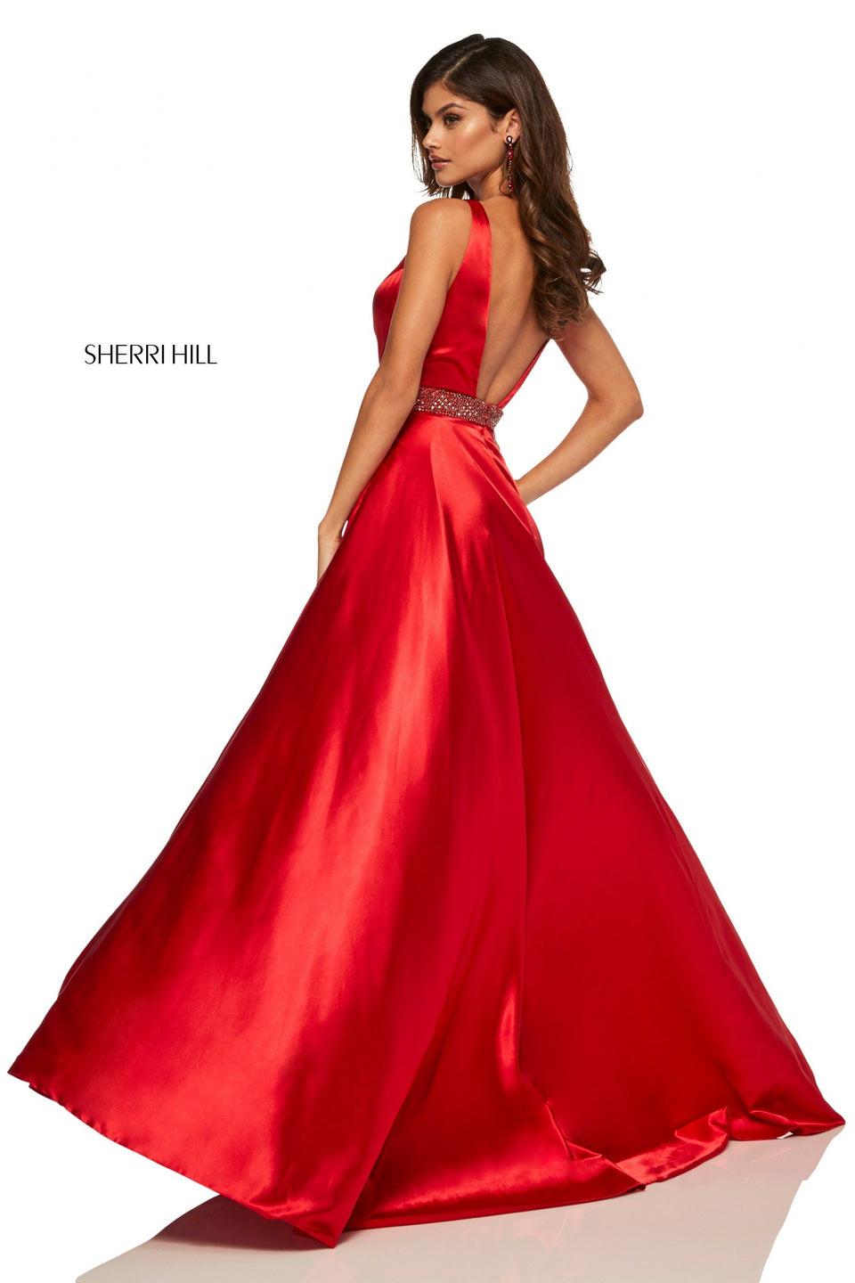 Sherri Hill Silk Satin Dress With Plunging Neckline Beaded Belt And Skirt Side Slit