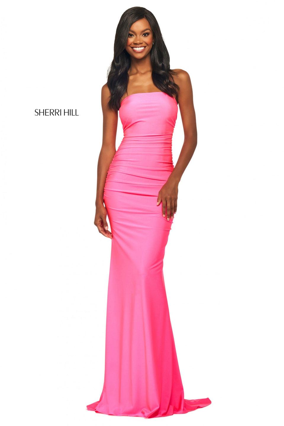Sherri Hill Silky Stretch Jersey Gown With Ruching And Strapless Neckline