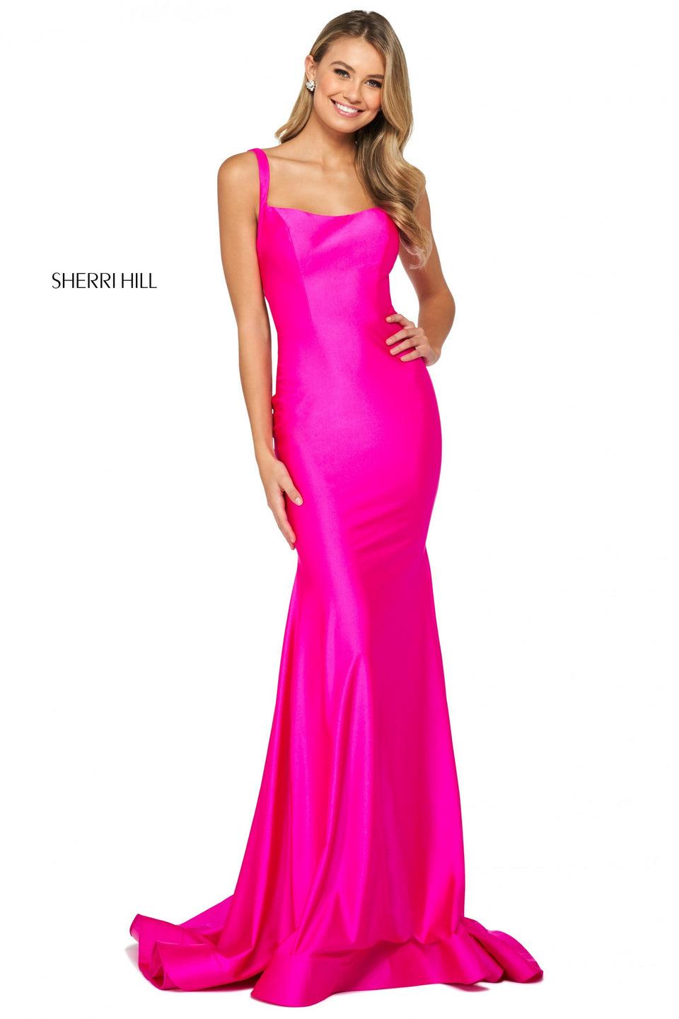 Sherri Hill Silky Stretch Jersey Gown With Straight Neckline Lace Up Back And Lower Back Cut Out And Ruching