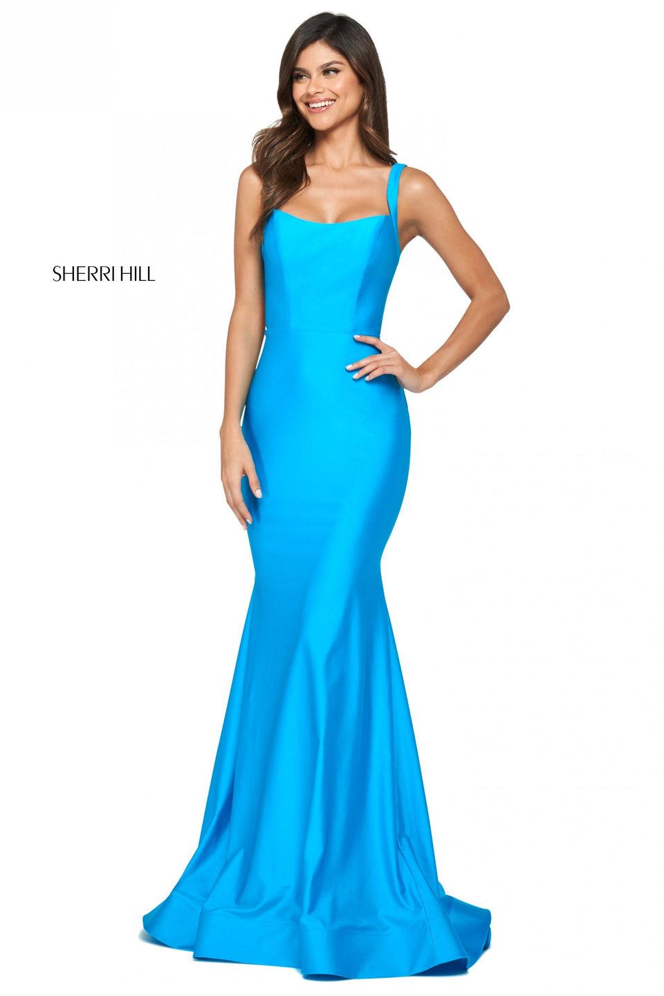 Sherri Hill Silky Stretch Jersey Gown With Straight Neckline Lace Up Back And Lower Back Cut Out And Ruching