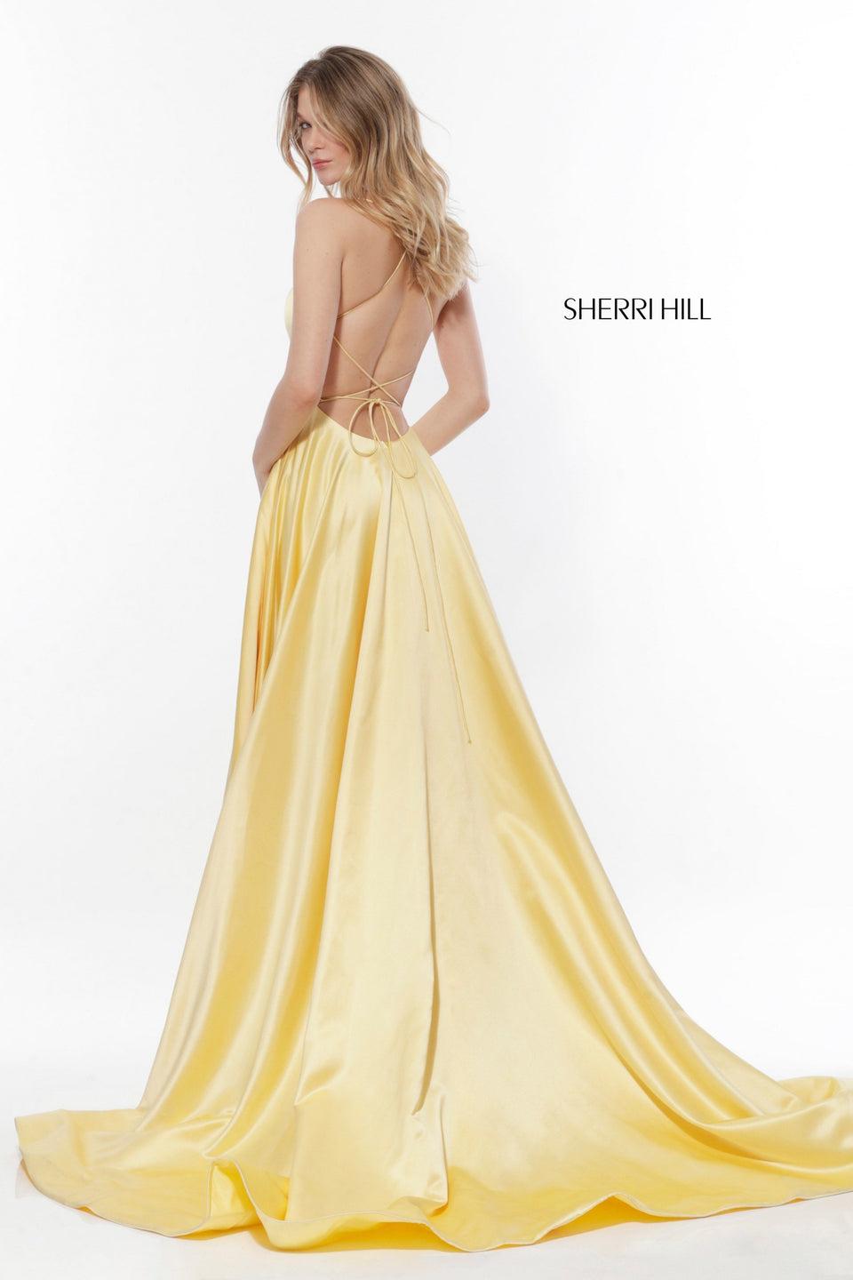 Sherri Hill Spaghetti Strap Charmeuse Gown With A Criss Cross Lace Up Back And A Side Slit