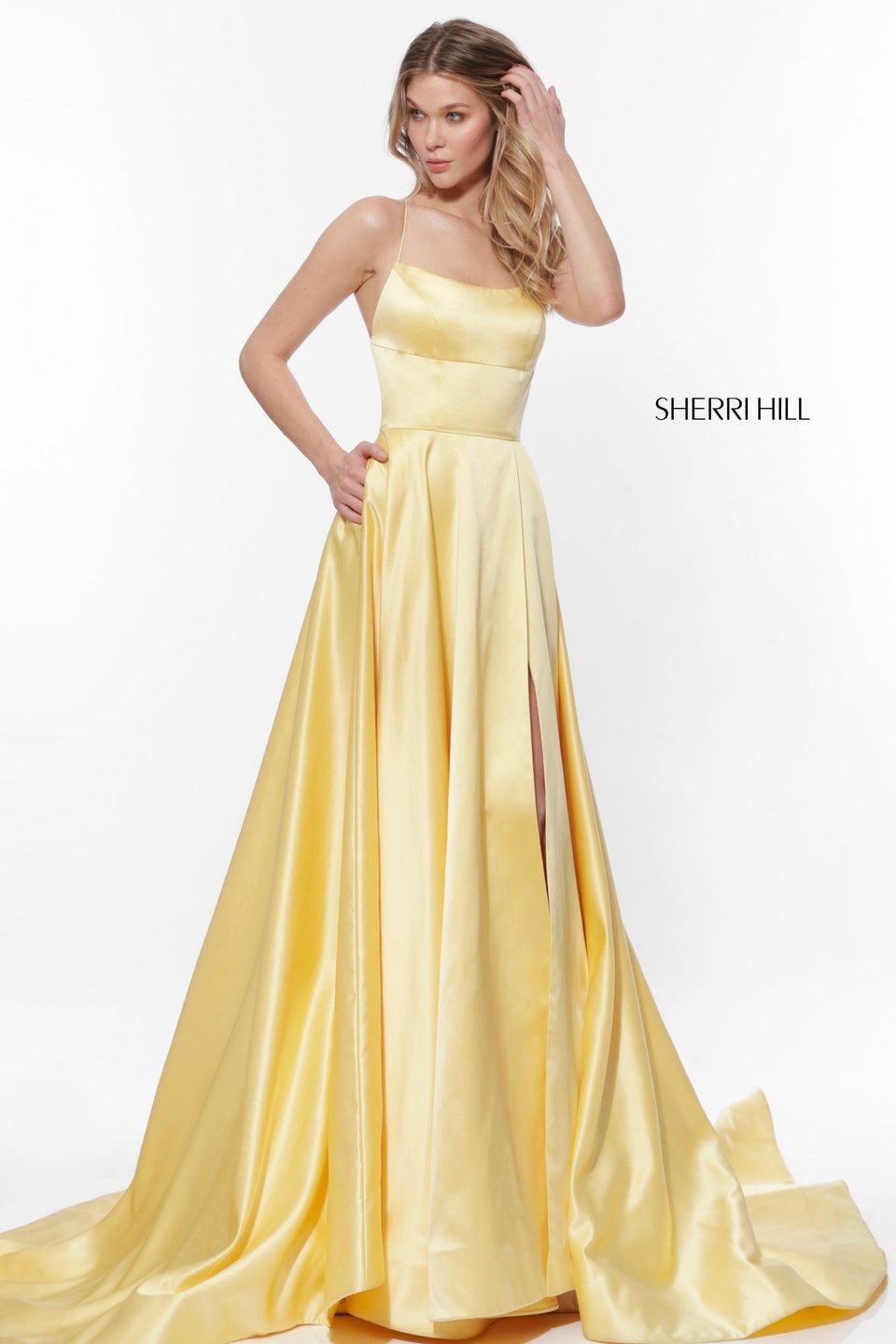 Sherri Hill Spaghetti Strap Charmeuse Gown With A Criss Cross Lace Up Back And A Side Slit