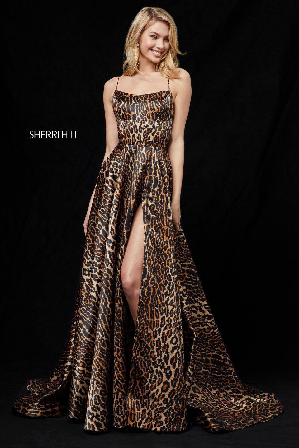 Sherri Hill Spaghetti Strap Satin Leopard Print Gown With A Side Slit And A Lace Up Criss Cross Back