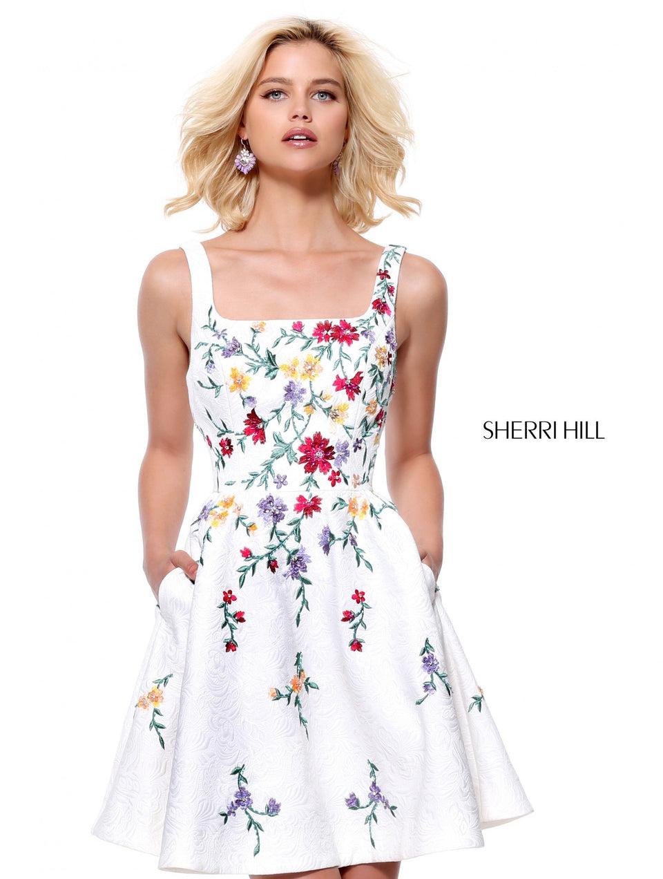sherri hill Square neck cocktail A-line dress with a beaded floral appliques