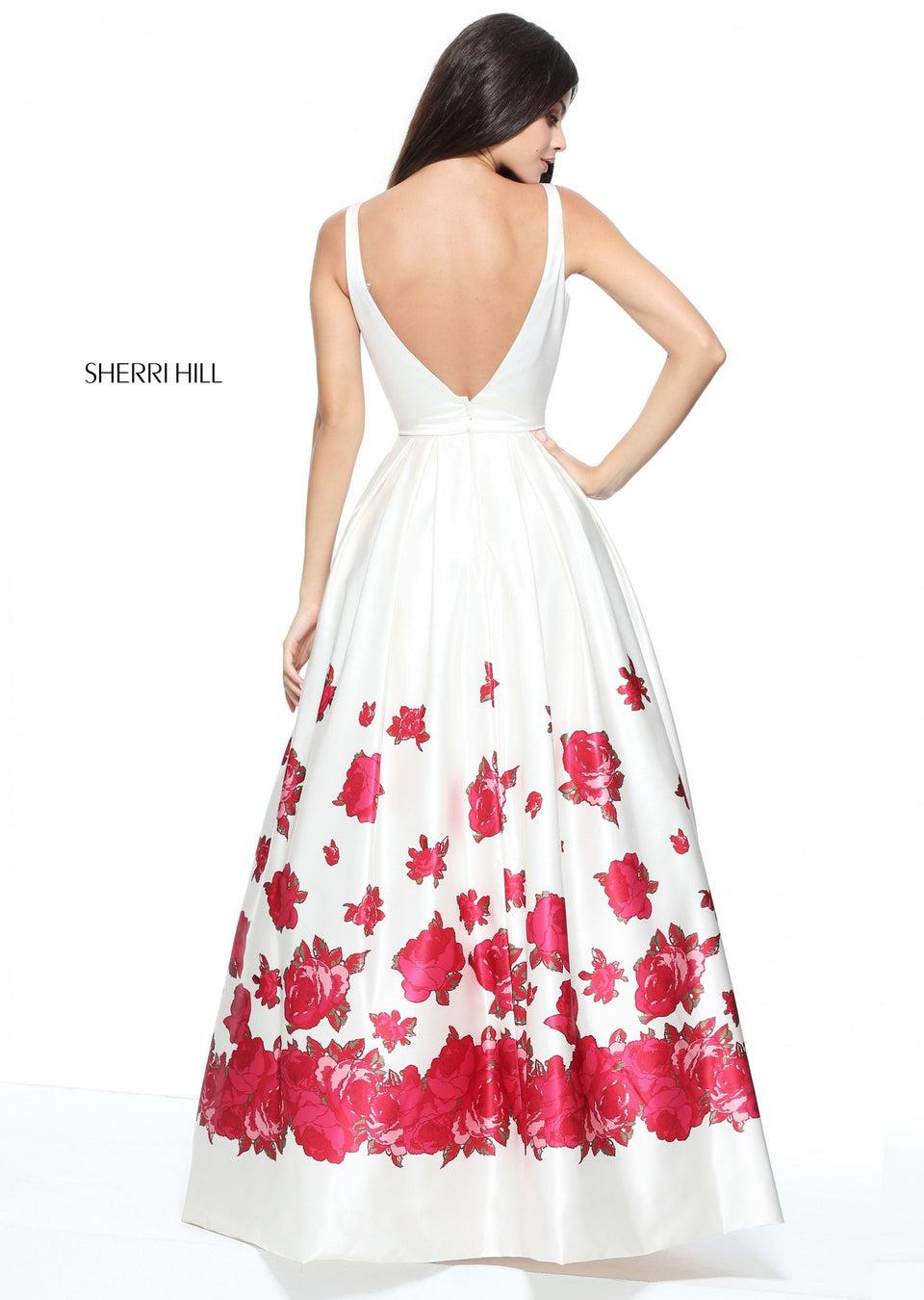 Sherri Hill Square Neck Satin Ball Gown With A Red Floral Print Border