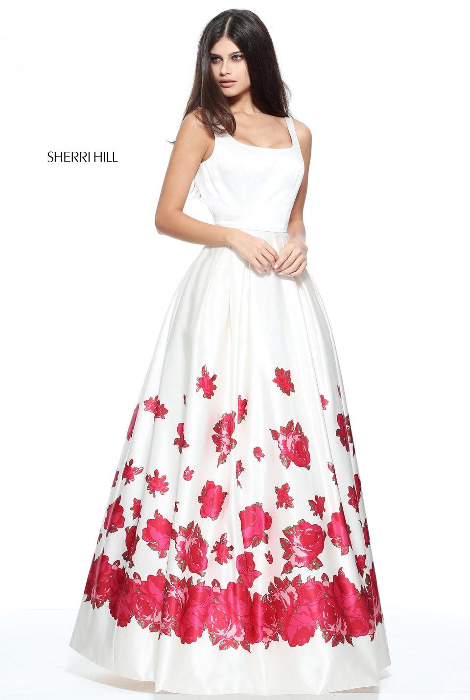 Sherri Hill Square Neck Satin Ball Gown With A Red Floral Print Border