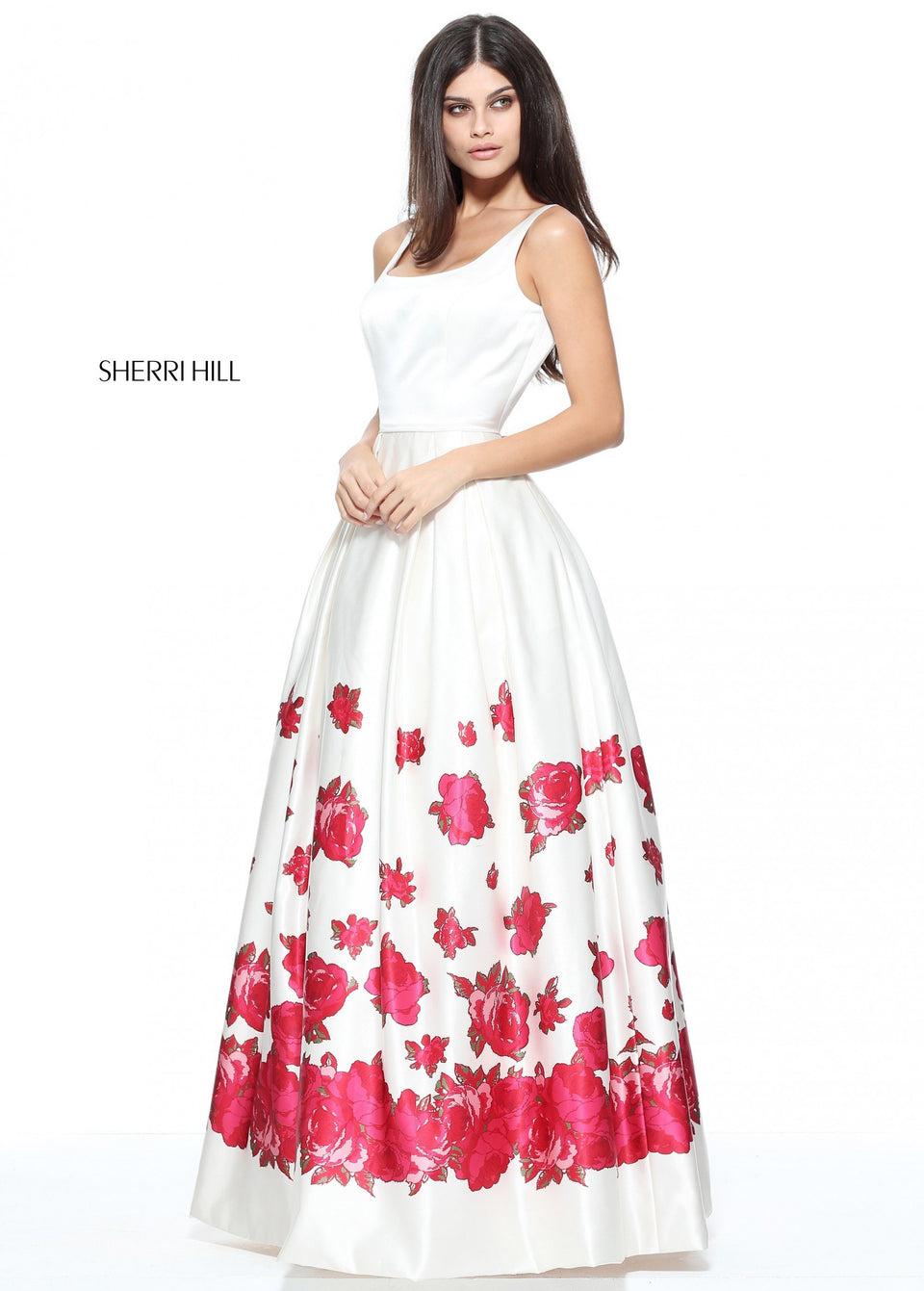 sherri hill Square neck satin ball gown with a red floral print border