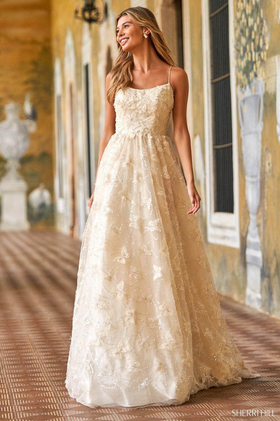 Sherri Hill Straight Neckline Ball Gown With Butterfly Sequin Embellishments And Lace Up Back
