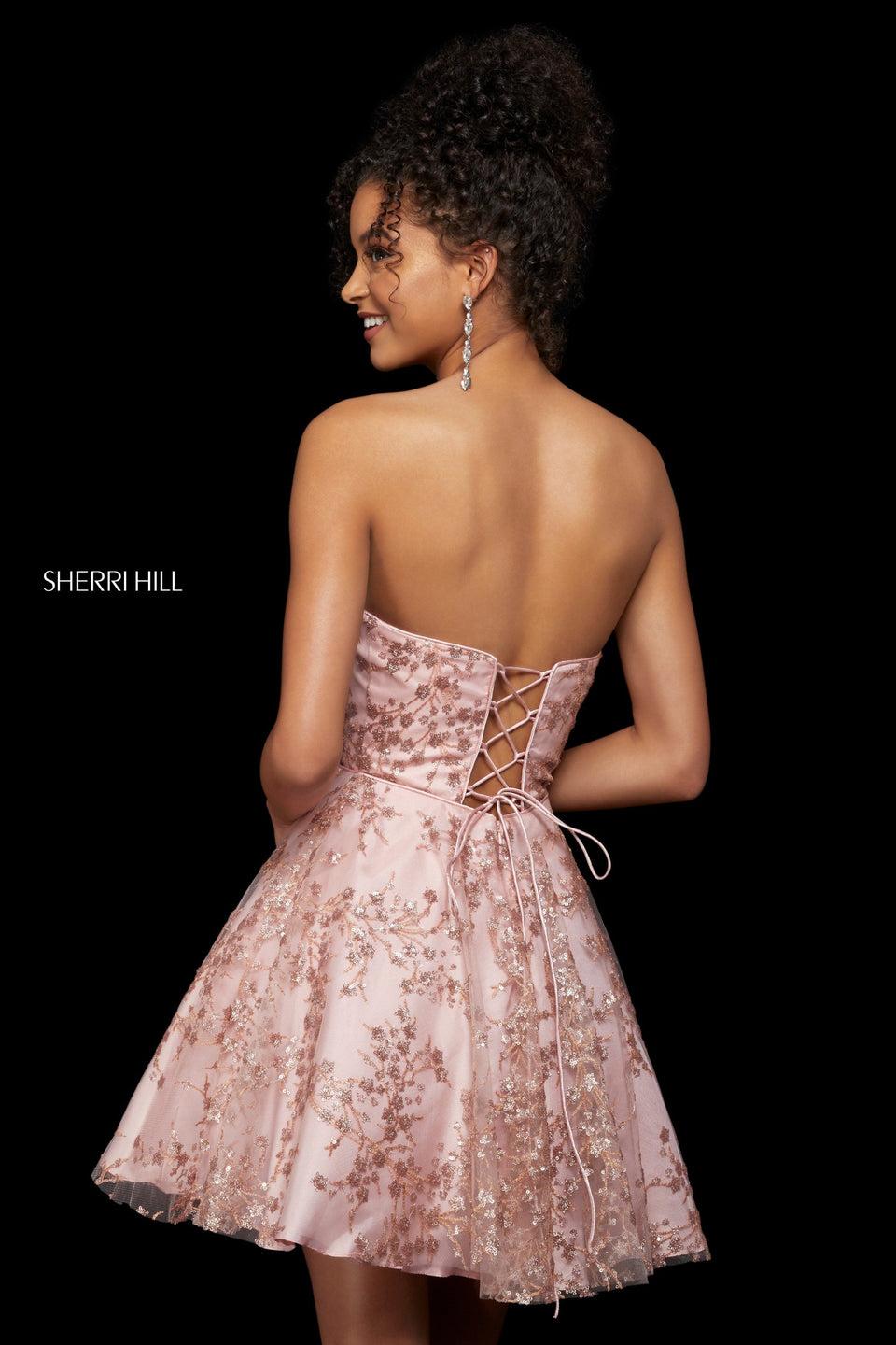 Sherri Hill Strapless A-line Cocktail Dress With Floral Sequin Pattern And Corset Back
