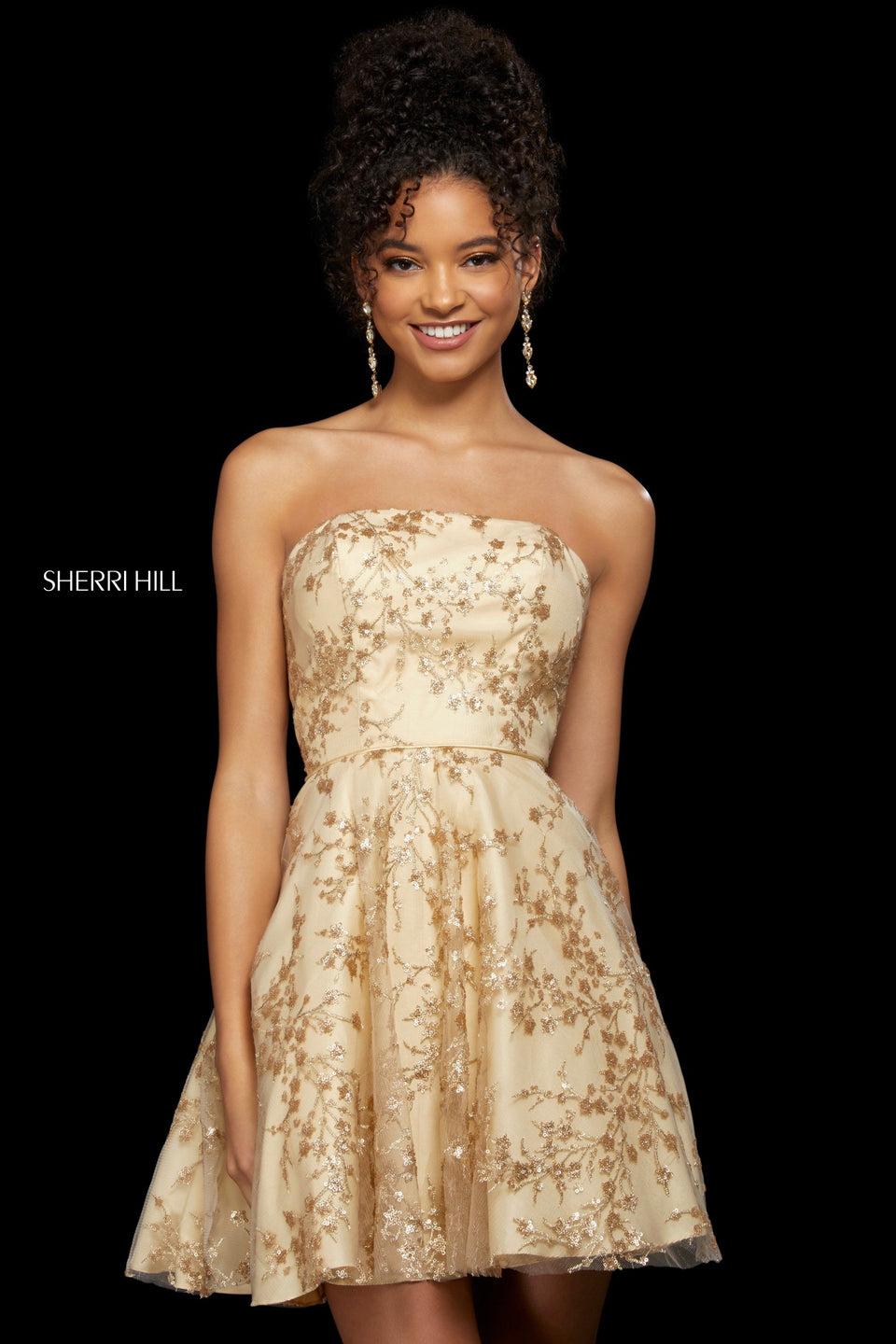 Sherri Hill Strapless A-line Cocktail Dress With Floral Sequin Pattern And Corset Back