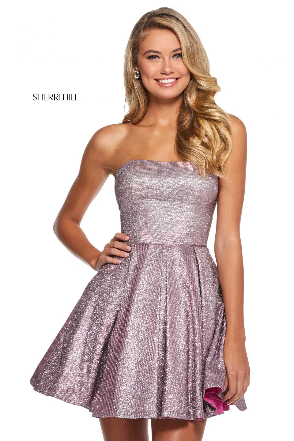 sherri hill Strapless A-line glitter cocktail dress