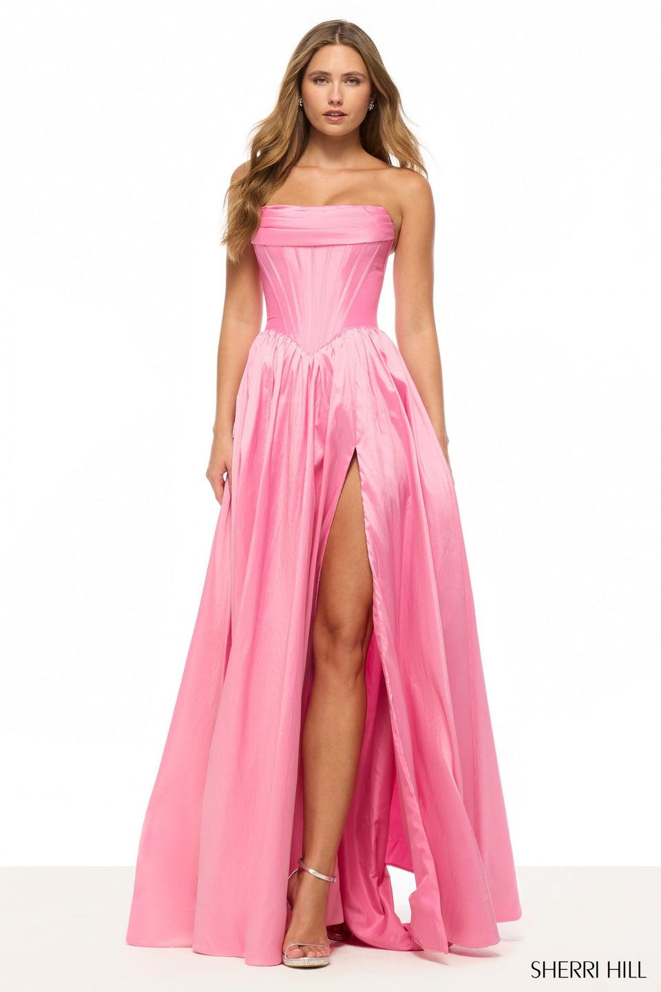 sherri hill Strapless A-line gown with corset bodice and a skirt slit