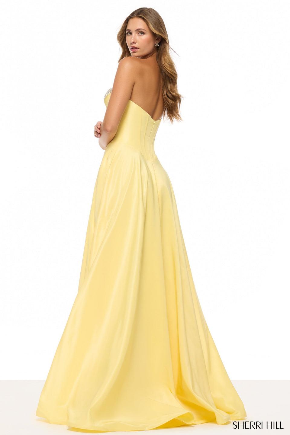 Sherri Hill Strapless A-line Gown With Corset Bodice Bead Embellishments And A Skirt Slit