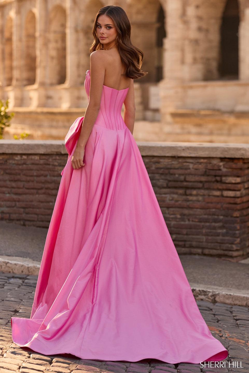 Sherri Hill Strapless A-line Gown With Corset Bodice Bow On Hip And A Skirt Slit