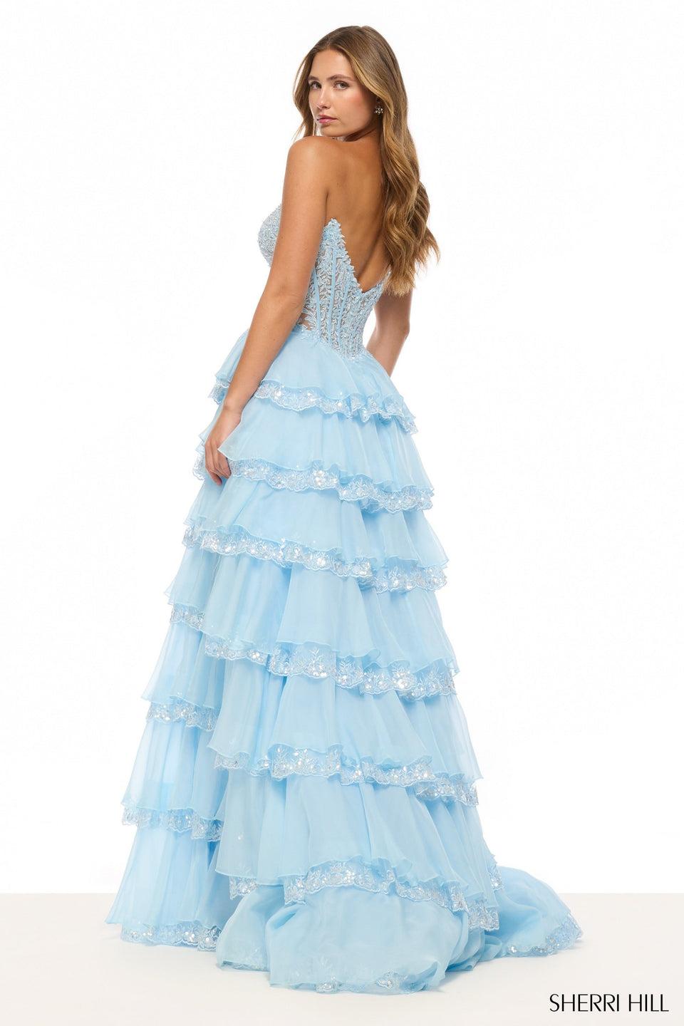 Sherri Hill Strapless A-line Gown With Corset Bodice Keyhole And A Chiffon/sequin Lace Ruffle Skirt With Slit